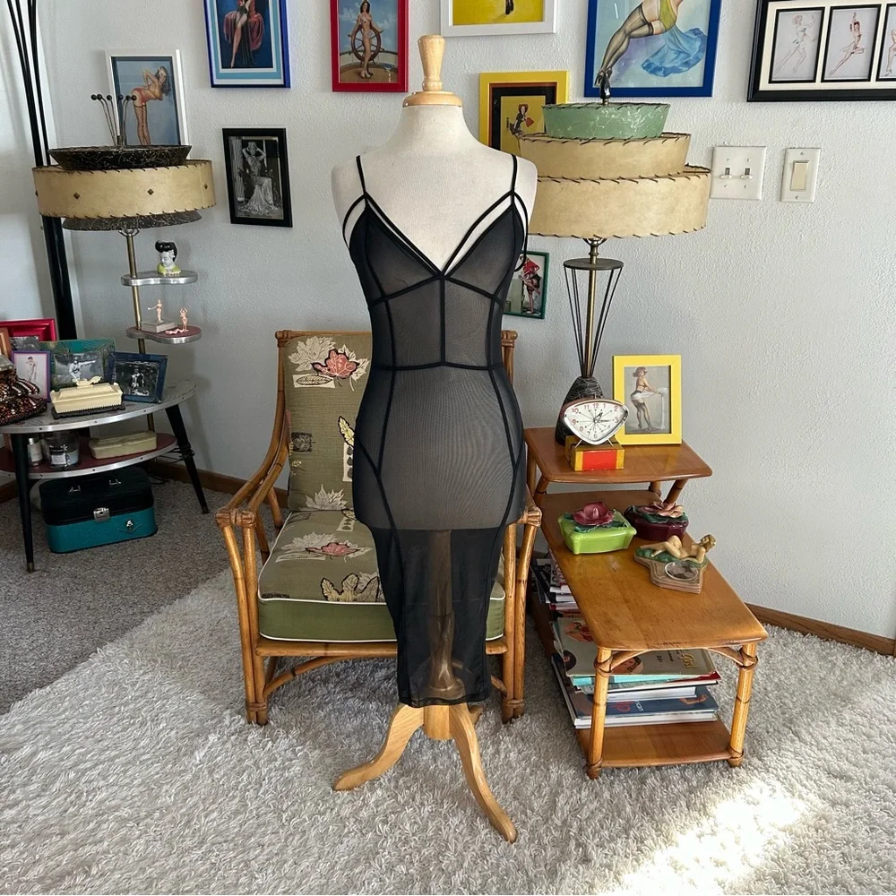 SOLD Retro Dress Sheer Slip Wiggle Black S M 1950s 50s Style Pinup Rockabilly - Picture 2 of 7